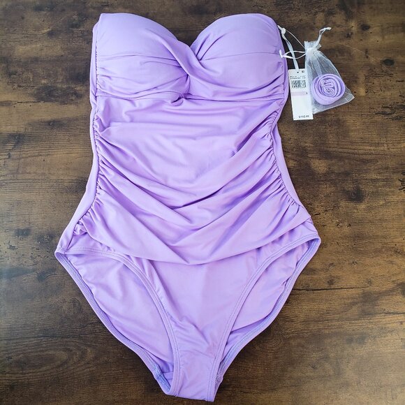 Lavender Amethyst Purple Anne Cole one piece strapless halter swimsuit - Picture 2 of 9